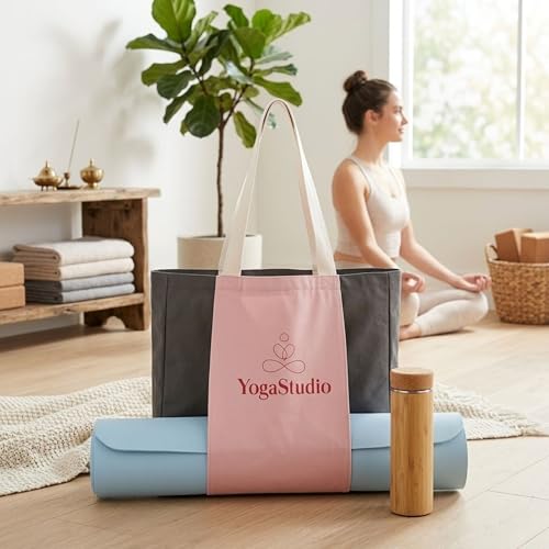 Large Canvas Yoga Tote Bag with Yoga Mats Bags Carrier Eco Friendly Cotton Shoulder Bag for Pilates, Gym, Beach, Groceries & Travel YG10