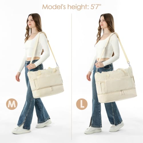 Gym Bag for Women, 45L Carry On Travel Duffel Bag with Shoes Compartment - color: Beige, size: Large