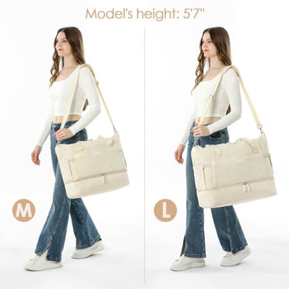 Gym Bag for Women, 45L Carry On Travel Duffel Bag with Shoes Compartment - color: Beige, size: Large