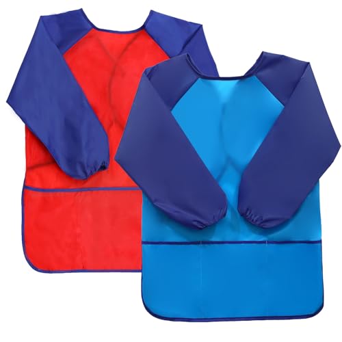 2 Pack Kids Art Smock Waterproof with Long Sleeve and 3 Roomy Pockets Artist Children Aprons for Toddlers Age 3-8 Painting Crafts（Red+Lake Blue） - color: 2 Pack Red+lake Blue