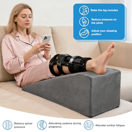 Leg Elevation Pillow, Trapezoidal Foot Elevation Pillow for Elevation for Swelling, Blood Circulation Support with Handle and Removable Cover (Grey)