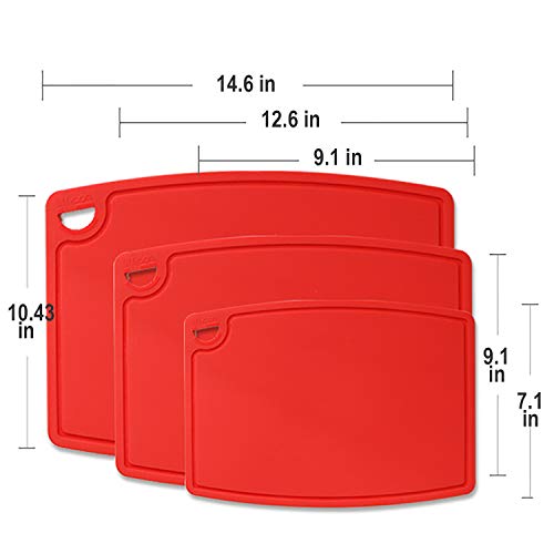 Liflicon Silicone Thick Cutting Boards Mats Set of 3pcs Foldable & Flexible Design Juice Grooves Easy Grip Handle Dishwasher Safe for Kitchen,BPA free Silicone Cutting Boards/Mats-Red - color: Red, size: S+M+L