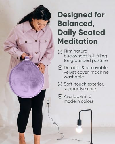 Mindful Modern Velvet Meditation Cushion | Luxe Zafu Yoga Floor Pillow Seat | Posture Support | Buckwheat Hull Filled | Large Round Cushion with Removable Washable Cover + Carry Handle - color: Dusty Violet