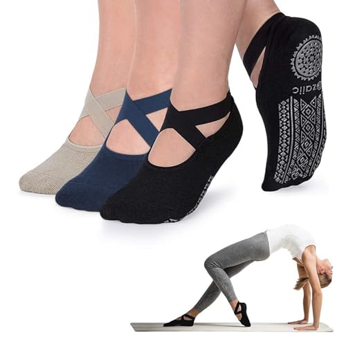 Ozaiic Pilates Socks for Women Non Slip Grip Yoga Barefoot Indoor Workout | Breathable cotton grippy sock, slipper sticky socks, one size fits women for barre, ballet, dance, hospital, home - color: 3 Pairs - Olive Green/Black/Navy