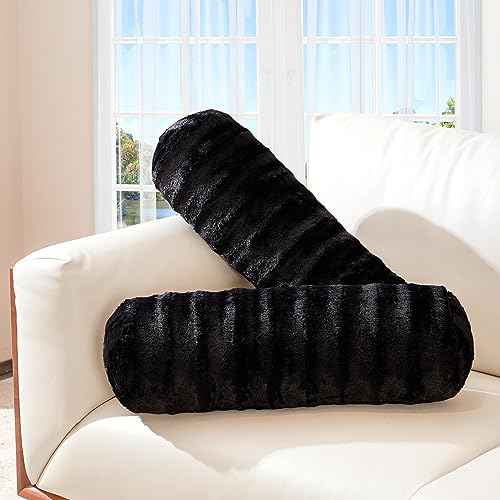 Cheer Collection Faux Fur Bolster Pillows – Soft Decorative Cylinder Pillows for Bed or Couch, Machine Washable – 8” x 24”, Set of 2, Black - color: Black