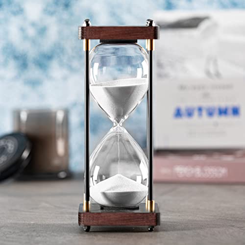 SAMLONG Large Hourglass Timer 60 Minute, Decorative Wood Sand Timer, White | 1 Hour Metal Sand Clock, Modern Office Home Décor - color: White Sand