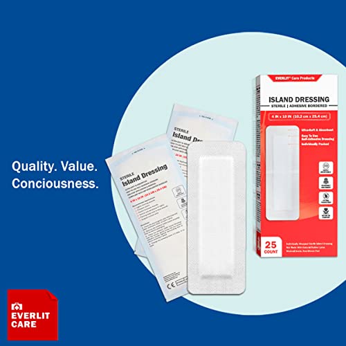 EVERLIT Island Dressing Bordered Gauze | Large Wound Care Bandage with Adhesive Border| Sterile, Soft & Highly Absorbent Medical Grade Dressing Pad (4x10 Inch (Pack of 50)) - size: 4x10 Inch (Pack of 50)