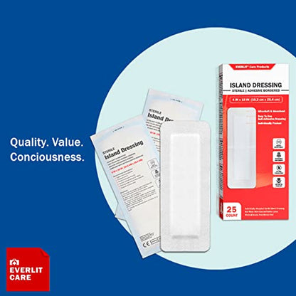 EVERLIT Island Dressing Bordered Gauze | Large Wound Care Bandage with Adhesive Border| Sterile, Soft & Highly Absorbent Medical Grade Dressing Pad (4x10 Inch (Pack of 50)) - size: 4x10 Inch (Pack of 50)