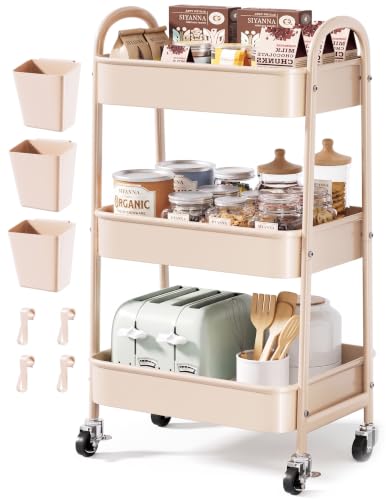 Beige 3 Tier Rolling Cart Metal with Wheels,Tan Three Tiered Bedside Carts | Utility Storage Organizer Trolley on Wheels for Art, Craft, Diaper Caddy,Nursing,Postpartum,Baby Essentials,Bathroom Supplies - color: Light Beige