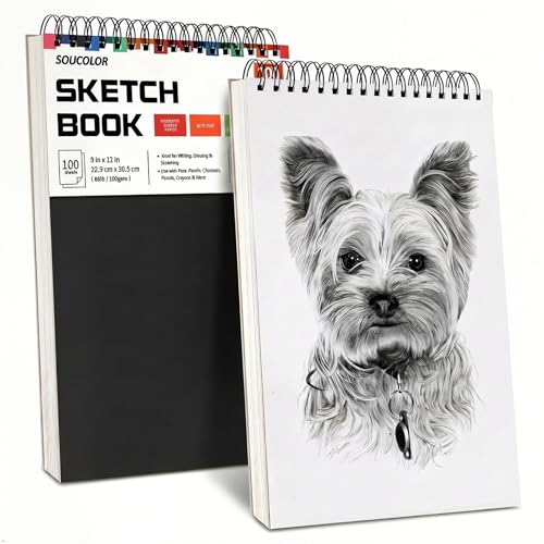 Soucolor 2-Pack 9" x 12" Sketch Book, Spiral Bound for Kids Adults Artists | 200 Sheets 68lb/100gsm Paper Professional Drawing Supplies for Sketch, Charcoal, Colored, Graphite, Pastel Pencils & Sticks - color: Black, size: 9" x 12" (Pack of 2)