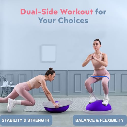 kisnbld Half Balance Ball Trainer, Inflatable 19/23 Inch Half Exercise Ball with Resistance Bands and Pilates Ball, Non-Slip 660lbs Capacity Yoga Ball for Home Gym Full Body Workouts