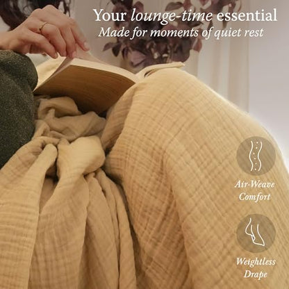 Threadmill Cotton Queen Blanket, Muslin, Beige, Prewashed, Lightweight | 100% Cotton, Muslin Weave, Breathable, All-Season, Lightweight, OEKO-TEX Certified, Machine Washable - color: Beige, size: Queen
