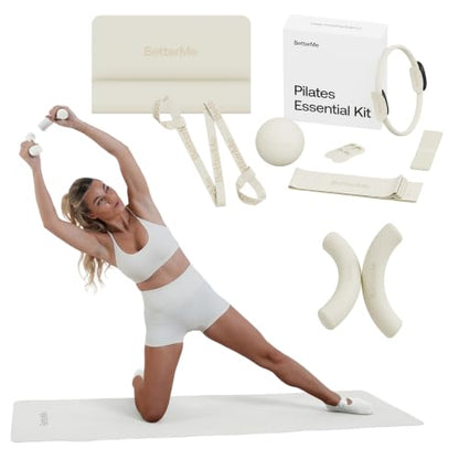 BetterMe Pilates Essential Kit with Yoga Mat and Sculpt Dumbbells - Pilates Ring, Resistance Bands, Pilates Ball, Grip Socks, Exercise Mat with Strap and 2.2 lb Hand Weights