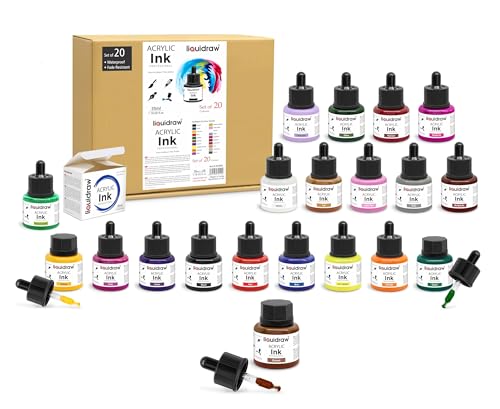 Liquidraw Acrylic Drawing Ink - 20 Assorted Colours | 35 ml Bottles with Ink Dropper | Suitable for Painting, Art Drawing & Design | for Professionals, Artists, Students & Hobbyists | Waterproof - style: Set of 20 (Assorted Colours)