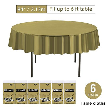 Eleclassi Gold 6 Pack Premium Round Disposable Plastic Tablecloth - 84 Inch Round Plastic Table Cloths for Parties Disposable Tablecloth - Round Plastic Tablecloth - Gold Round Tablecloth - color: Gold