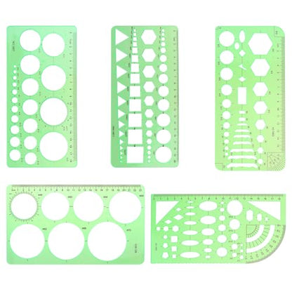 9 Piece Geometric Drawing Template Measuring Ruler Geometric Measuring Tools Transparent Green Plastic Ruler for Studying, Designing and Building