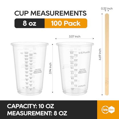 Turbo Bee Plastic Measuring Cups 8OZ,100 PACK Disposable Mixing Cups with 100 Mixing Sticks,Paint Graduated Measuring Tumblers for Epoxy Resin, Paint Mixing, Art DIY - size: 8oz-100pack