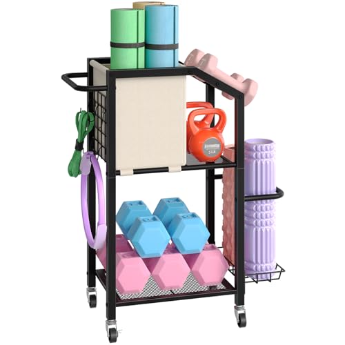 HOOBRO Dumbbell Rack, Weight Rack for Dumbbells, Yoga Mat Storage Rack, Home Gym Storage Rack for Dumbbells Kettlebells Foam Roller, Workout Storage Organizer with Wheels & Hooks - color: Black
