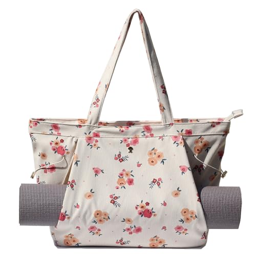 ESVAN Corduroy Yoga Tote Bag Gifts for Women Drawstring Yoga Mat Bag for Office Workout Travel Carryall Pilates Gym - color: Beige Pink Flower