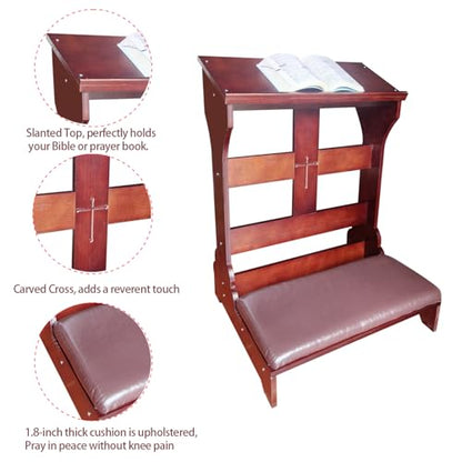 Wooden Prayer Bench Kneeler with Padded Cushion & Slanted Desktop Bible Shelf, Devotional Kneeling Table for Church & Meditation, 23”x20”x32”