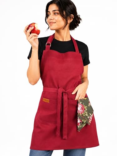 100% Cotton Kitchen Apron with 2 Pockets – Adjustable Chef Apron for Cooking Baking BBQ – Unisex Apron - color: Red