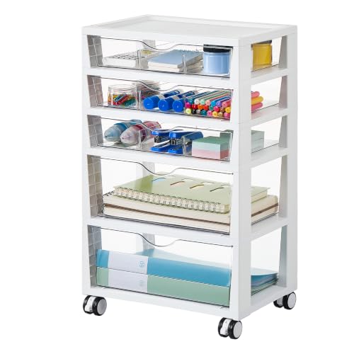 Vtopmart 5-Tier Plastic Drawer Storage Rolling Cart with Wheels | Clear Drawers with Multiple Sizes Keep Supplies visible. Sturdy for Under Desk, Office, Makeup , Crafts & Art Storage - style: 5 Tier 5 Drawers