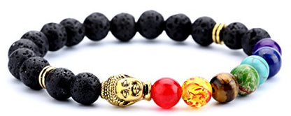 Men Women 8mm Lava Rock 7 Chakra Beads Chakra Bracelet - color: Golden Buddha