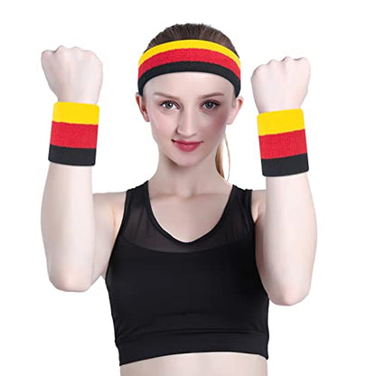 ONUPGO Sweatband Set Sports Headband Wristband Set Sweatbands Terry Cloth Wristband Wrist Sweatband Headbands Moisture Wicking Sweat Absorbing Head Band - color: Black Red Yellow