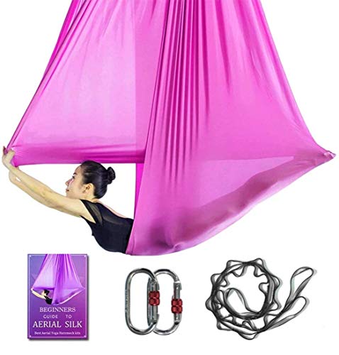 Aerial Yoga Hammock L:5M W:2.8M 5.5 Yards Aerial Pilates Silk Yoga Swing Set with 2000 Ibs Load Include Daisy Chain, Pose Guide - color: Pink