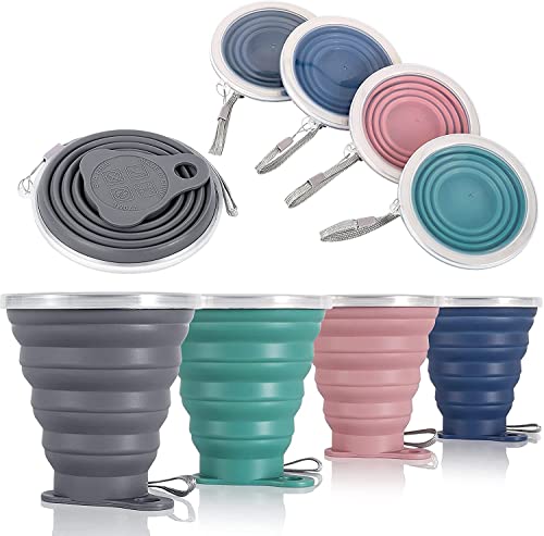 ME.FAN Silicone Collapsible Travel Cup - Silicone Folding Camping Cup with Lids - Expandable Drinking Cup Set - Portable, Graduated [9.22oz] - color: 4 Pack-Deep Gery-Dusty Rose-Teal Blue-Navy Blue