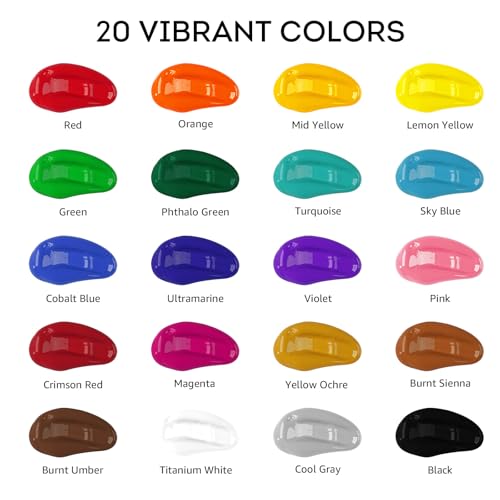 ABEIER Bulk Acrylic Paint Set, 20 Colors x 8.45 oz, Non-Toxic | Rich pigments, Matte finish,Thick consistency, smooth blending, waterproof when dry, palette knife and sponge included - color: 20 Colors