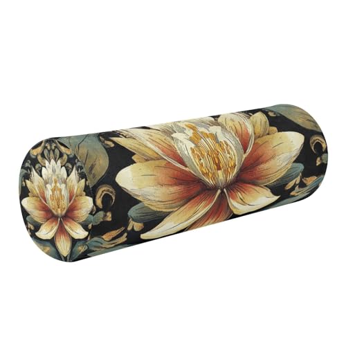 Boho Water Lily Flower Black Neck Roll Pillow Bolster Round Health Memory Foam Long Cervical Cylinder Pillows with Removable Washable Cover for Body Bed Legs Back Yoga - color: Boho Water Lily Flower Black