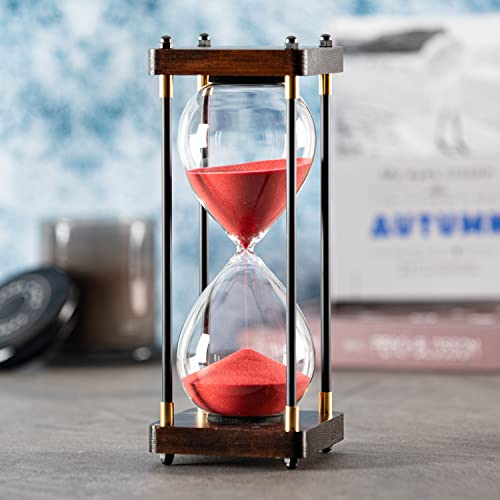 SAMLONG Large Hourglass Timer 60 Minute, Decorative Wood Sand Timer, Red | 1 Hour Metal Sand Clock, Modern Office Home Décor - color: Red Sand