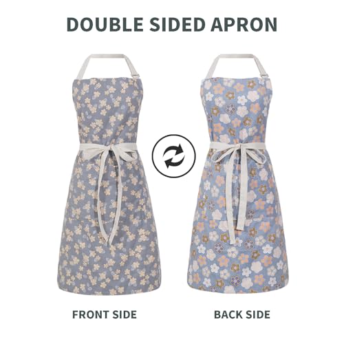 Aoomzoon Kitchen Aprons for Women with 2 Pockets,Double Sided Vintage Adjustable Apron for Gardening Cooking Arting Painting - color: Yellow/Blue Flower