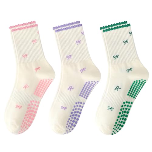 Women's Pilates Grip Socks, Ruffle Non Slip Bow Pattern Yoga Socks | Grippy, Frilly Trim, Embroidery, Crew Length, Soft Cotton, Arch Support, for Barre Ballet Dance Workout Hospital Home Gifts - color: F02-green + Pink + Purple