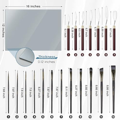 Nuanchu 20 Pcs Artist Painting Set with 16 x 12 Inches Neutral Grey Tempered Glass Palette, 12 Pcs Watercolor Brushes, Palette Knife for Oil Painting Artist Beginner DIY Color Mixing Supplies