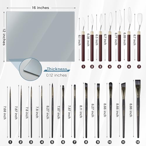 Nuanchu 20 Pcs Artist Painting Set with 16 x 12 Inches Neutral Grey Tempered Glass Palette, 12 Pcs Watercolor Brushes, Palette Knife for Oil Painting Artist Beginner DIY Color Mixing Supplies