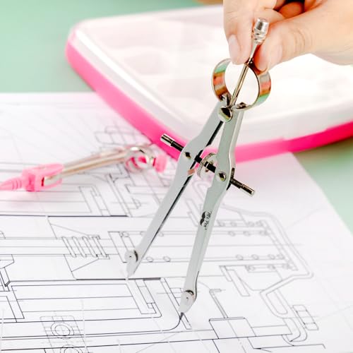 Mr. Pen- Geometry Set, 13 pcs, 3 Metal Compasses, Protractor, 6" Ruler | 45° & 30°/60° Set Squares, Pencils, Lead Refills, Sharpener & Eraser for Math, Drafting & Classroom Use - color: Pink