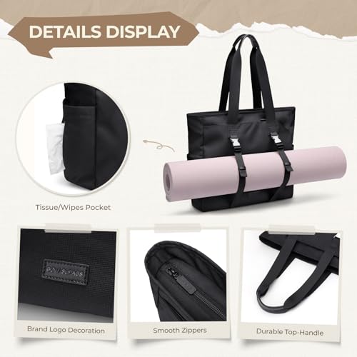 Tennis Tote Bag for Women with Yoga Mat Straps, Racket Holder Bags, 24L Lightweight Sports Bag with Wet Pocket - color: Black