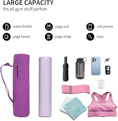 Cotton yoga mat bag with Pockets and Adjustable Strap - Full Zip Cargo Yoga Mat Carrier Bag - Bag for 1/4" 1/3" Thick Yoga Mat - color: Purple, size: XL