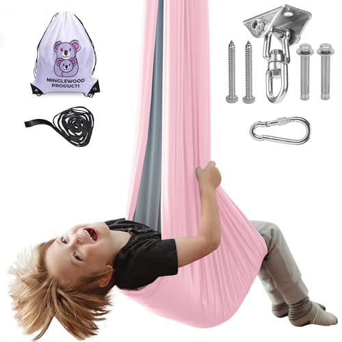 MINGLEWOOD Sensory Swing for Kids – Indoor Swing Set with 360° Swivel Hanger – Cozy & Calming Hammock for Autism, Anxiety, ADHD & Sensory Disorders - color: Pink/Gray