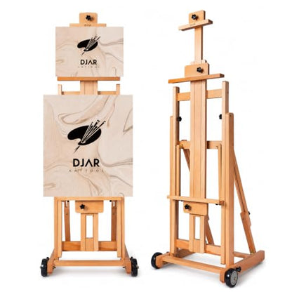 DJAR Large H-Frame Painting Easel for Adults, Solid Beech Wood, Natural | Movable & Tilting Flat Floor Stand, Holds Canvases up to 78", Adjustable Heavy Duty Studio Art Easel for Artists - style: Natural H-Frame Easel