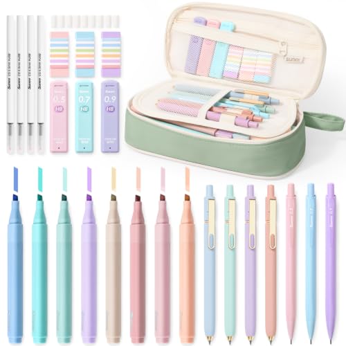 SUNEE Pencil Case with Supplies, 35PCS Aesthetic Stationery Set with Pastel Highlighters, Black Gel Pens, Mechanical Pencils & Refills, College School Supplies for Students Girls, Green - color: Green, style: 35 Pack