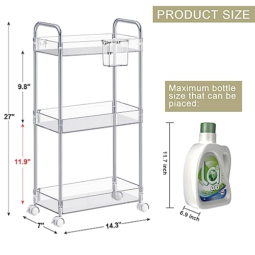 SPACEKEEPER 3 Tier Acrylic Storage Rolling Cart Clear Bathroom Cart Organizer, Transparency Laundry Room Organization Mobile Shelving Unit Multifunction Rolling Utility Cart for Office Living Room - color: Clear, size: 3 Tier