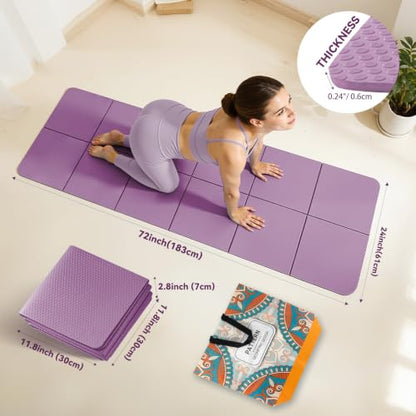 Foldable Yoga Mat Thick Non-Slip Exercise Mat | Packable Travel Fitness Mat, Carrying Bag Included, For Yoga, Pilates, Workout, Home & Gym Use - color: purple