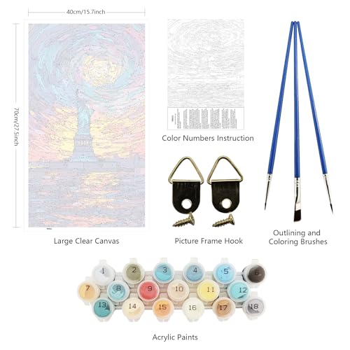 ARTGOTO Large Paint by Numbers for Adults Statue of Liberty | 15.7x27.5inch/40x70cm Paint by Number Kit on Canvas, Colorful Sunset Harbor Acrylic Painting Set with Brushes, No Frame - color: PBN053