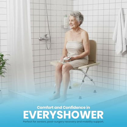 Yellow Ladybug Foldable Shower Chair - Adjustable Height Bath Stool with Non Slip Rubber Feet, Lightweight for Seniors & Mobility Support.