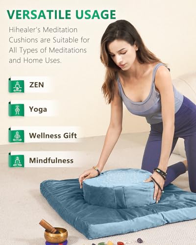 Hihealer Meditation Cushion, Traditional Tibetan Velvet Meditation Pillow | Buckwheat Yoga Bolster, Large Floor Cushion & Pillow for Adults, Zafu Zabuton Set, Zen Meditation Mat - color: Blue