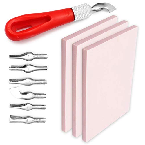 Printmaking Supplies Starter Kit by Pixiss - 3x Stamp pad, 15x Ink Pads for Rubber Stamps, Hobby Knife Pen with 6 Blades, Stamp Carving Tool - Essential Print Making Materials