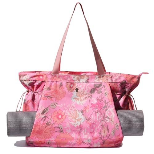 ESVAN Yoga Tote Bag for Women Drawstring Canvas Shoulder Bags for Workout Travel Carryall Pilates Gym and Beach - color: Pink